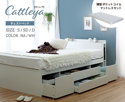 Cattleya【カトレヤ】チェストベッドフレーム 薄型マットレスセット