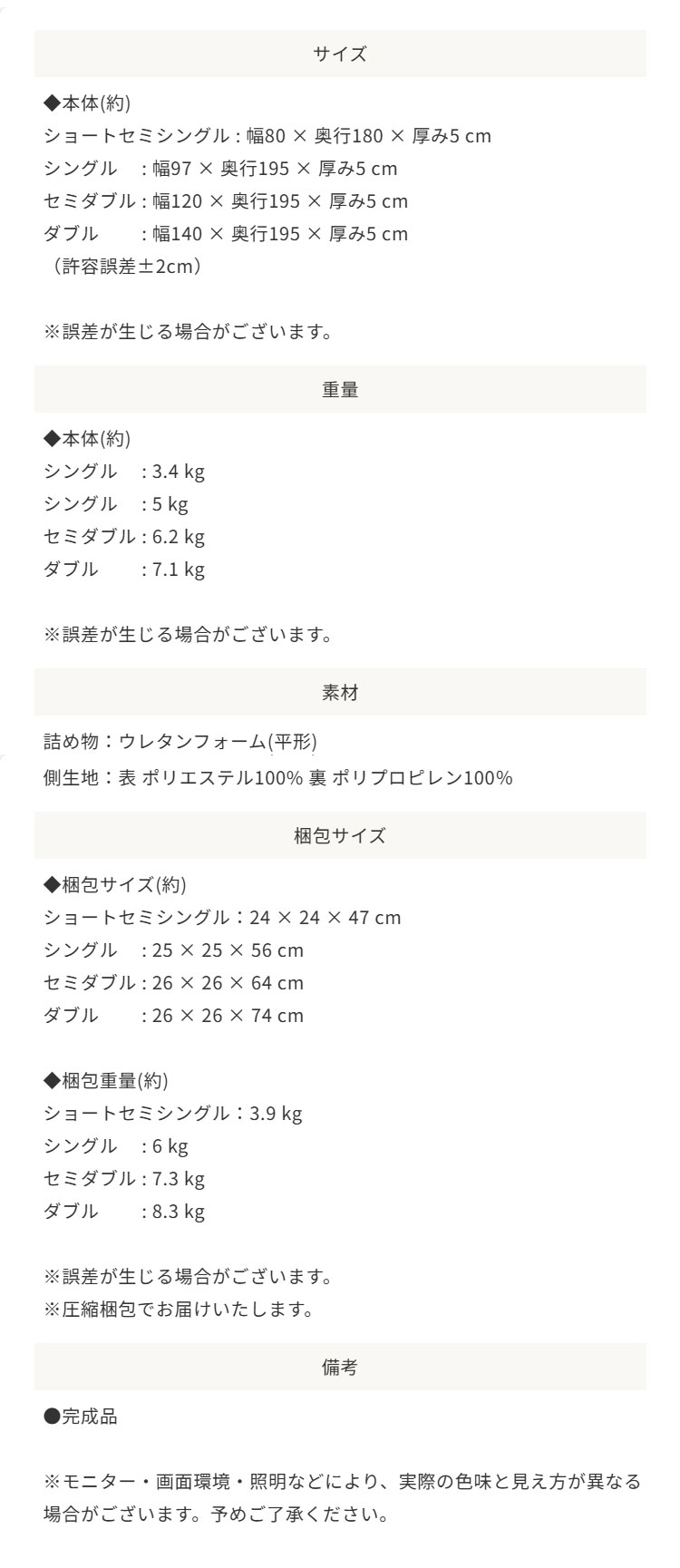 ZINUSGreenTeaマットレストッパーサイズ表